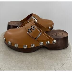 Ganni Camel Brown Leather Stud Clogs Wood Sole Slip-on Mule 40 9 9.5